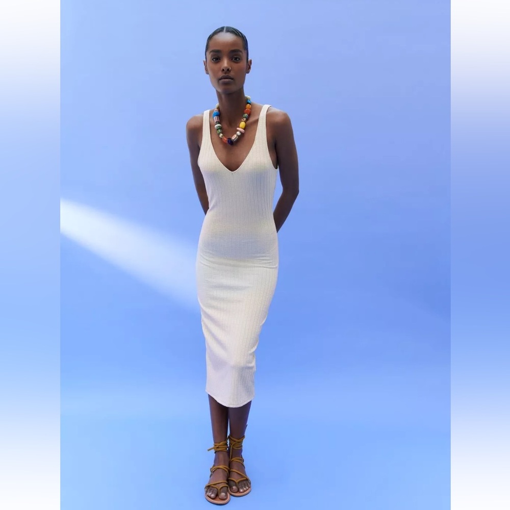 NWT Zara Ribbed Midi Dress in Light Sand, Size Small - Picture 3 of 12